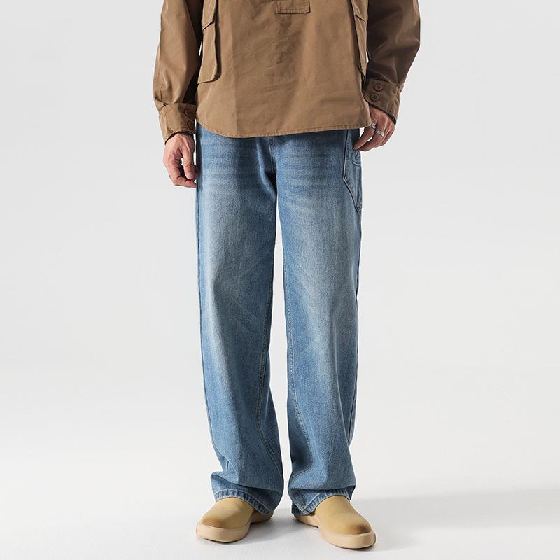 デニムパンツ ストレートジーンズ メンズ ポケットデザイン 個性 オリジナル 水洗い加工 ゆったり ロング丈 ユーズド加工 ズボン ボトム